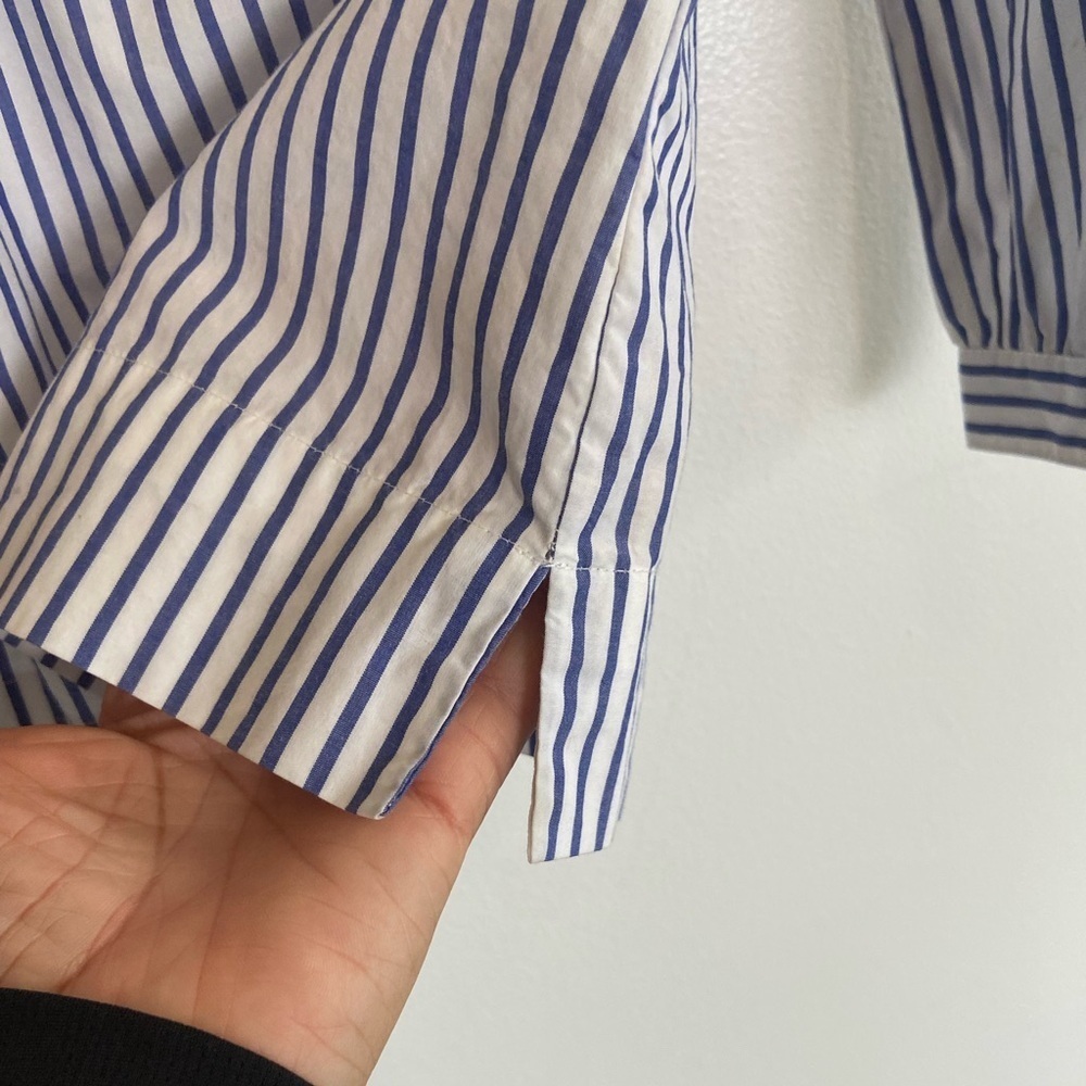 J. Crew Women's Boho Top Stripe Ruffle Size 0 Oversized White & Blue Long Sleeve - Picture 4 of 10